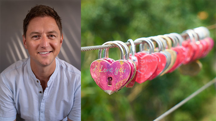 Picture of UBC instructor Zac Hug beside a picture of brightly coloured heart shaped locks with I Love You written on one lock.